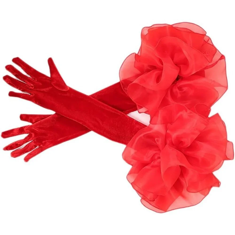 Women's Velvet Red 65cm Satin Tulle  Puff Long Gloves Banquet Wedding Party